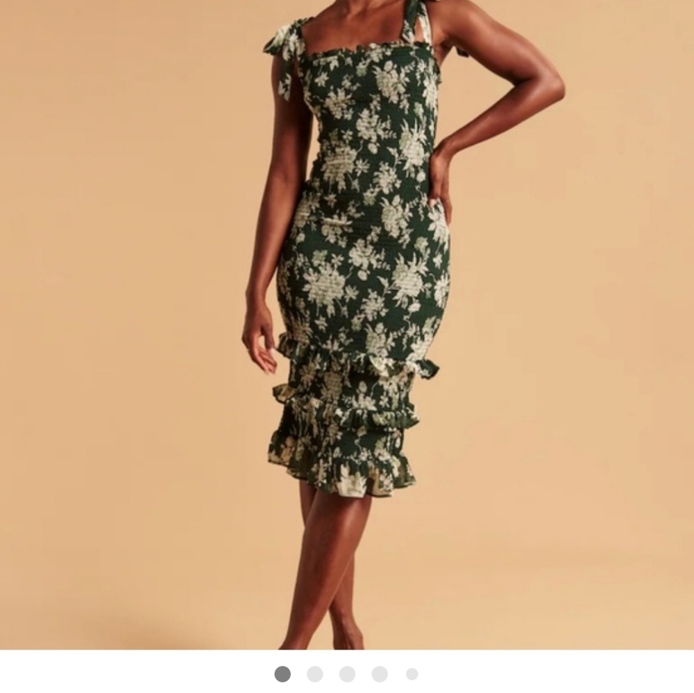 Abercrombie & Fitch Dark Green Floral Smocked Midi Dress With Tie Straps, XS